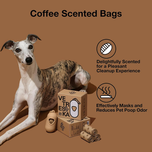 Coffee-Scented Dog Waste Bag Dispenser – Leak-Proof, Extra-Thick Bags with 1 Holder & 105 Count (7 Refill Rolls) for Dogs & Cats