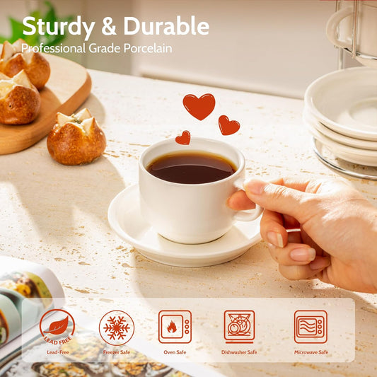 Premium 8oz White Porcelain Cappuccino Cup & Saucer Set with Metal Stand