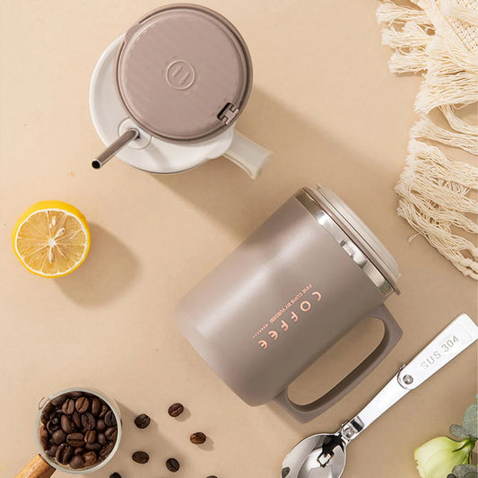 Double-Layer Coffee Cup with Spoon&Straw