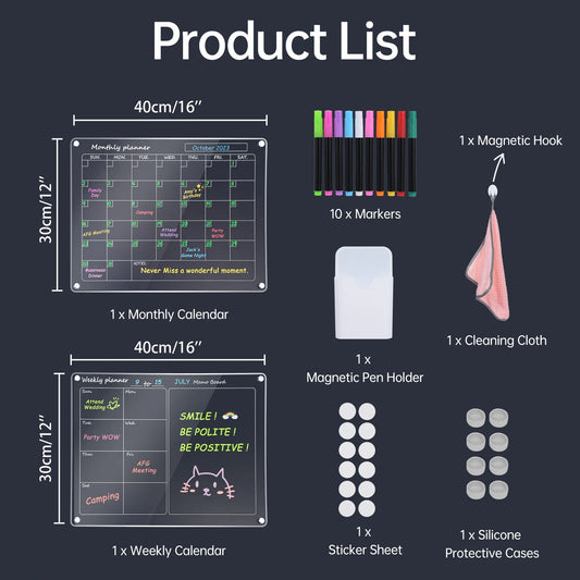 Magnetic Acrylic Fridge Calendar – 2-Pack 12" x 16" Dry Erase Planning Boards with Markers, Pen Holder & Erase Towel