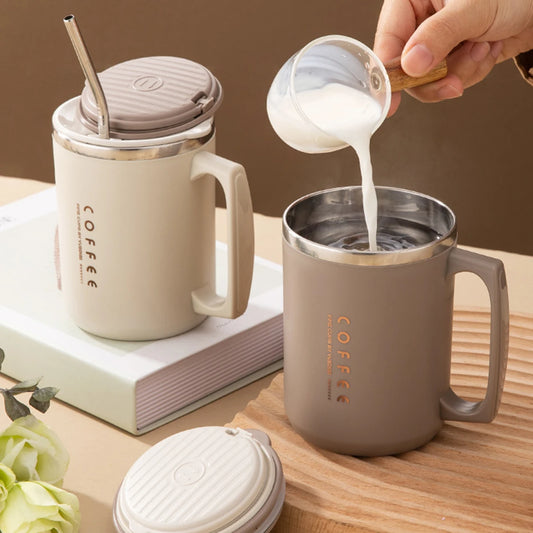 Double-Layer Coffee Cup with Spoon&Straw
