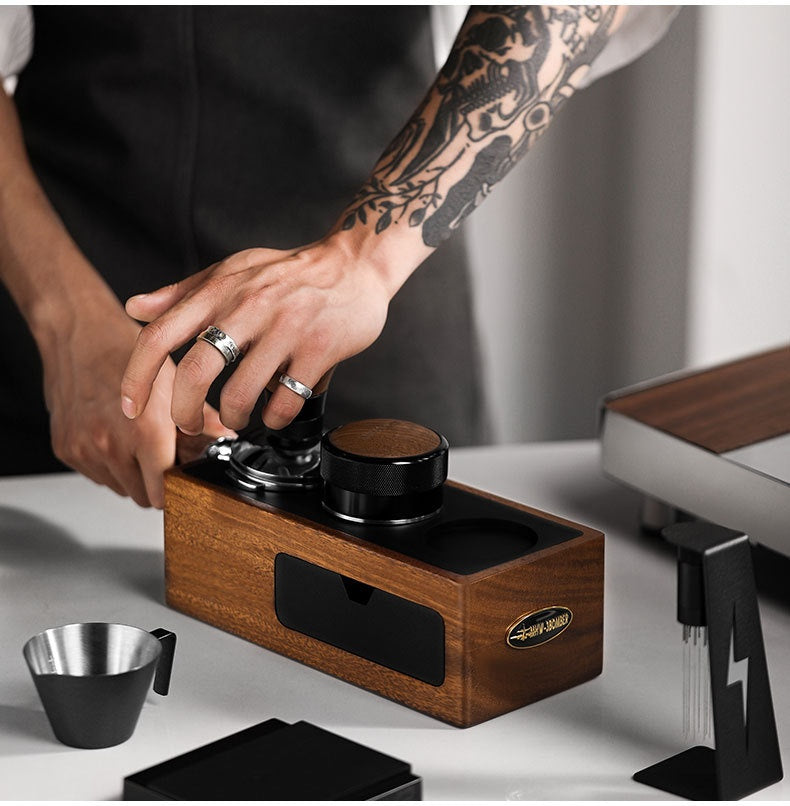 Pro Coffee Tamper Kit – Adjustable Pressure, Walnut Handle, Storage Bracket