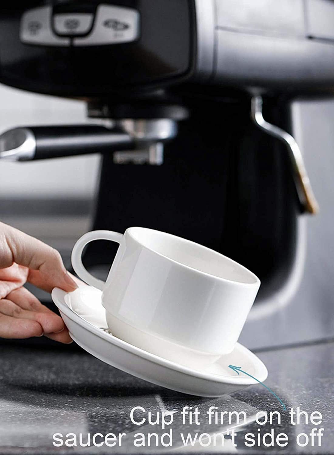Premium 8oz White Porcelain Cappuccino Cup & Saucer Set with Metal Stand