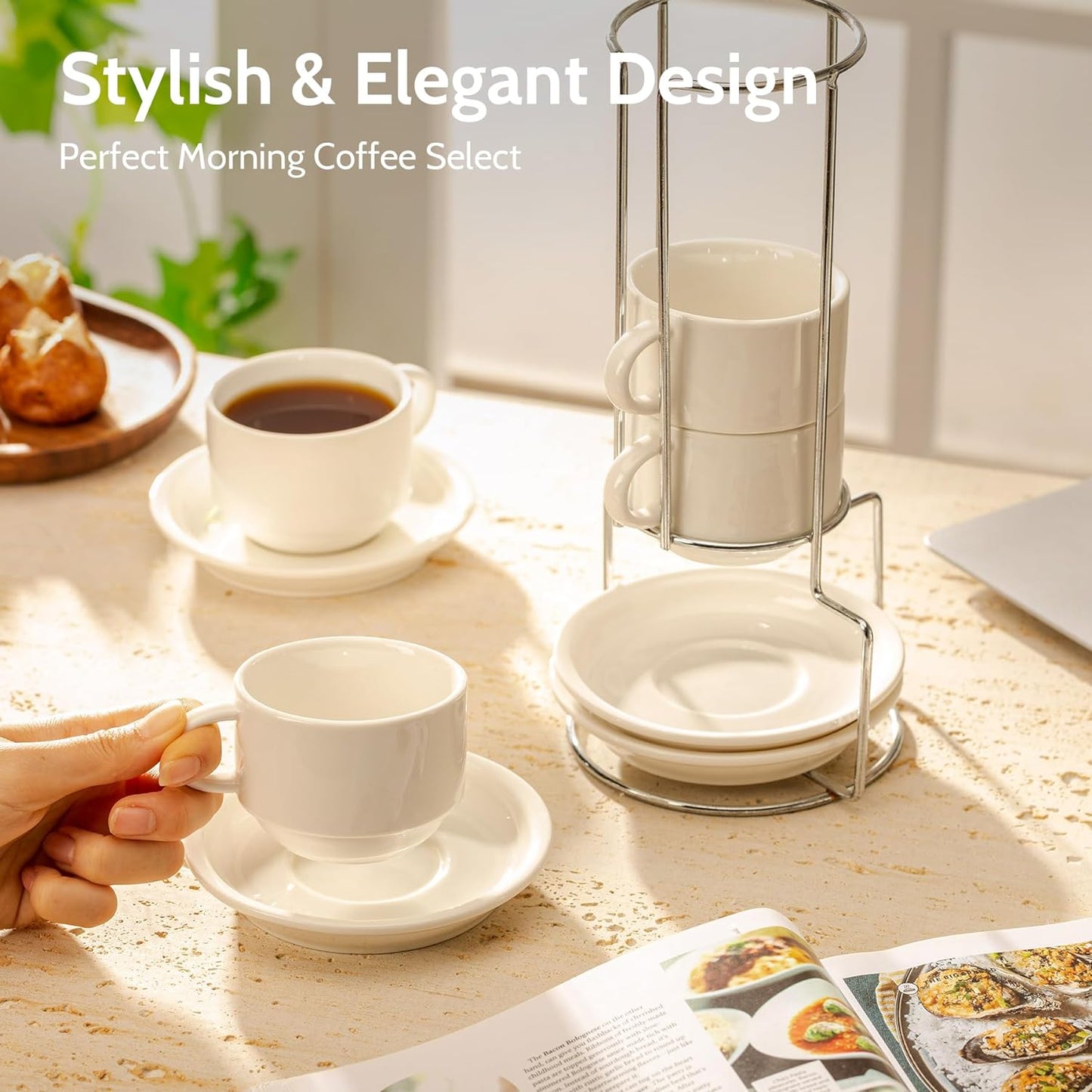 Premium 8oz White Porcelain Cappuccino Cup & Saucer Set with Metal Stand