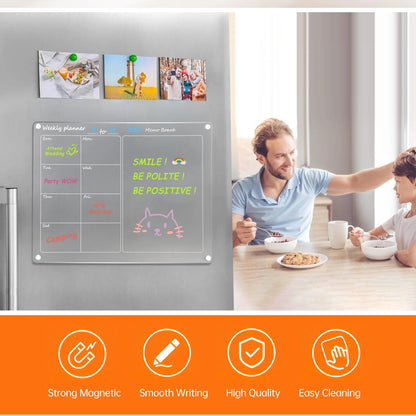 Magnetic Acrylic Fridge Calendar – 2-Pack 12" x 16" Dry Erase Planning Boards with Markers, Pen Holder & Erase Towel