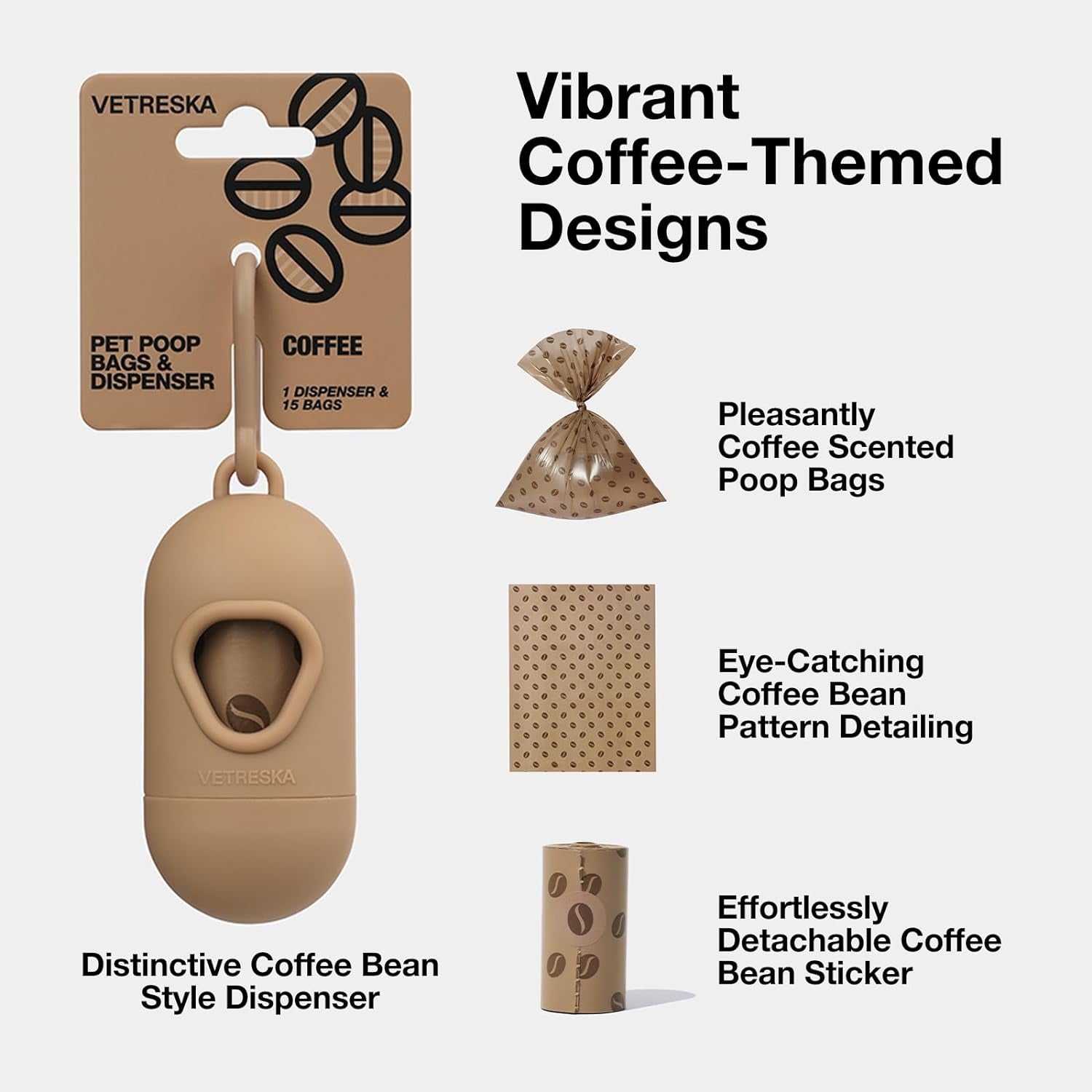 Coffee-Scented Dog Waste Bag Dispenser – Leak-Proof, Extra-Thick Bags with 1 Holder & 105 Count (7 Refill Rolls) for Dogs & Cats