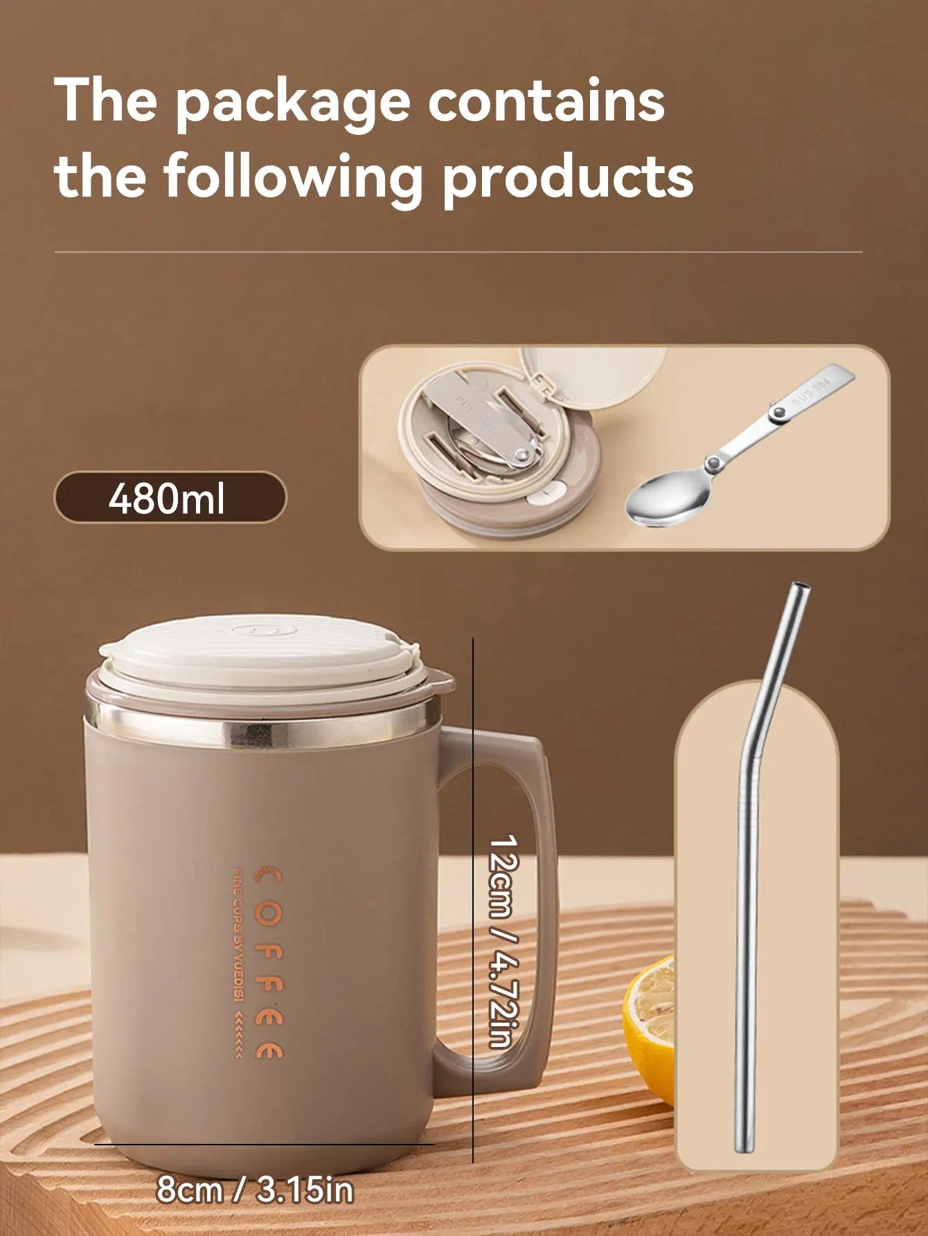 Double-Layer Coffee Cup with Spoon&Straw