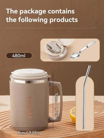 Double-Layer Coffee Cup with Spoon&Straw