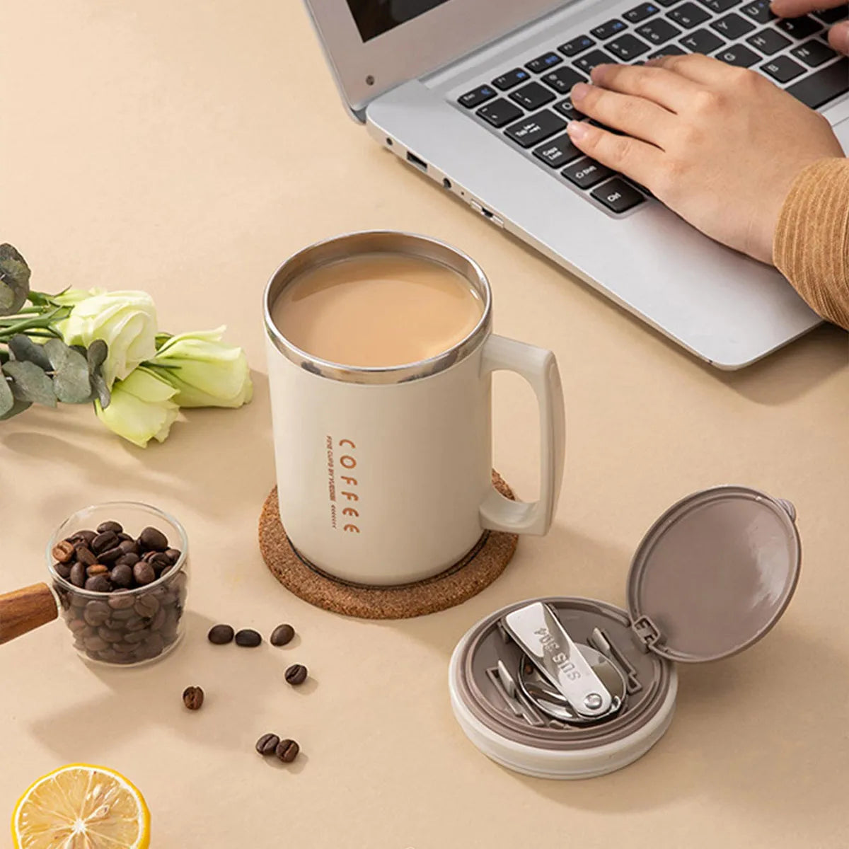 Double-Layer Coffee Cup with Spoon&Straw