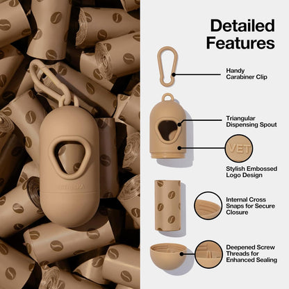 Coffee-Scented Dog Waste Bag Dispenser – Leak-Proof, Extra-Thick Bags with 1 Holder & 105 Count (7 Refill Rolls) for Dogs & Cats