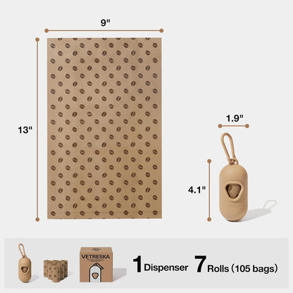 Coffee-Scented Dog Waste Bag Dispenser – Leak-Proof, Extra-Thick Bags with 1 Holder & 105 Count (7 Refill Rolls) for Dogs & Cats