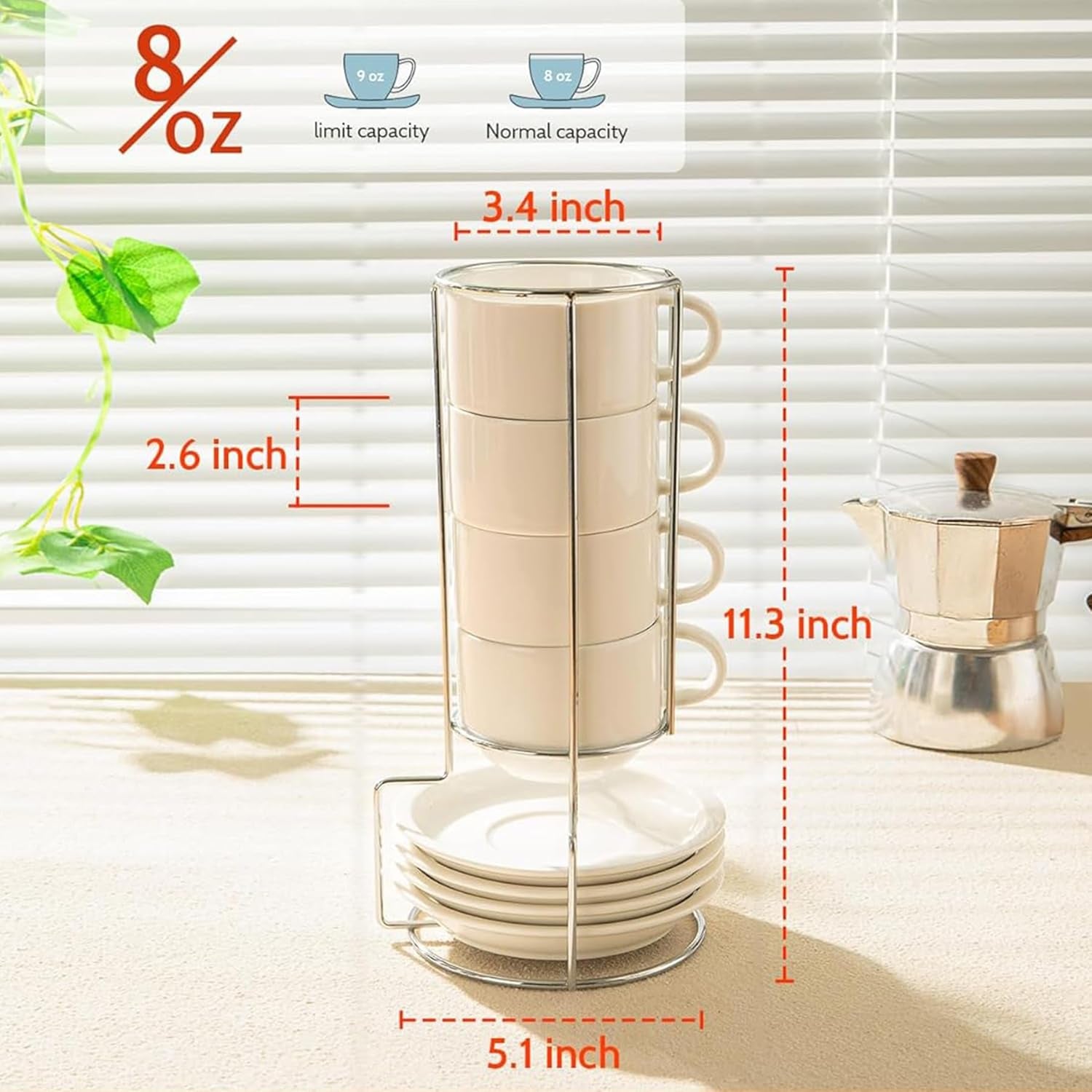 Premium 8oz White Porcelain Cappuccino Cup & Saucer Set with Metal Stand