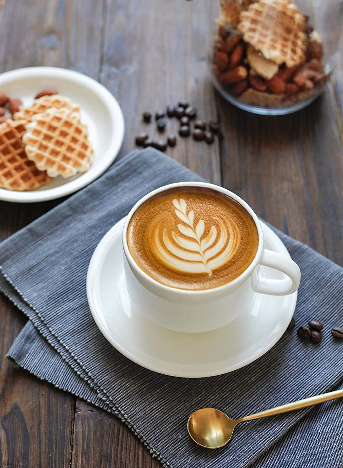Premium 8oz White Porcelain Cappuccino Cup & Saucer Set with Metal Stand