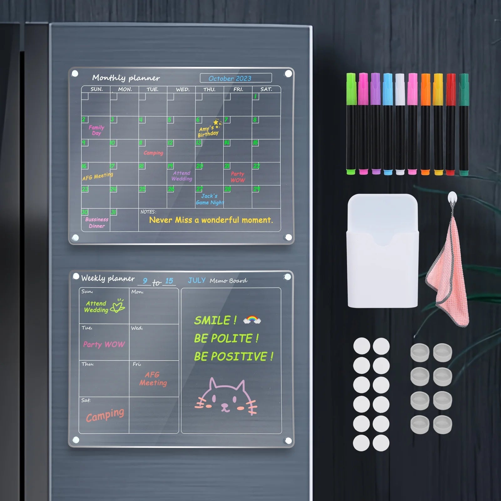 Magnetic Acrylic Fridge Calendar – 2-Pack 12" x 16" Dry Erase Planning Boards with Markers, Pen Holder & Erase Towel