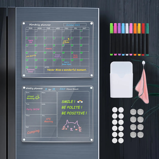 Magnetic Acrylic Fridge Calendar – 2-Pack 12" x 16" Dry Erase Planning Boards with Markers, Pen Holder & Erase Towel