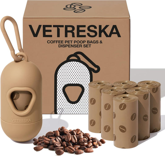 Coffee-Scented Dog Waste Bag Dispenser – Leak-Proof, Extra-Thick Bags with 1 Holder & 105 Count (7 Refill Rolls) for Dogs & Cats