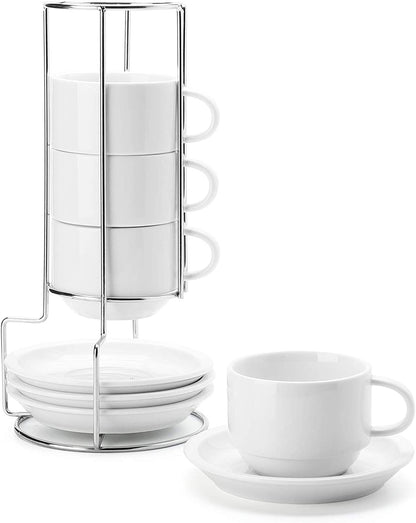 Premium 8oz White Porcelain Cappuccino Cup & Saucer Set with Metal Stand