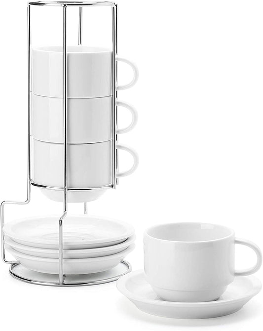 Premium 8oz White Porcelain Cappuccino Cup & Saucer Set with Metal Stand