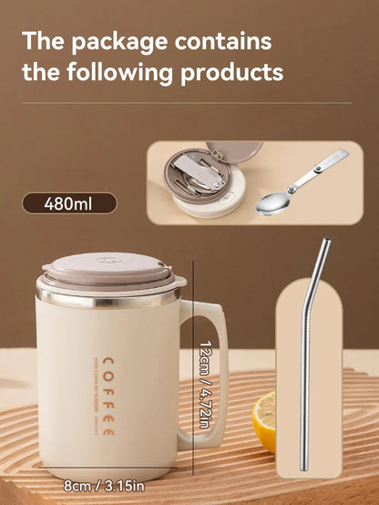 Double-Layer Coffee Cup with Spoon&Straw